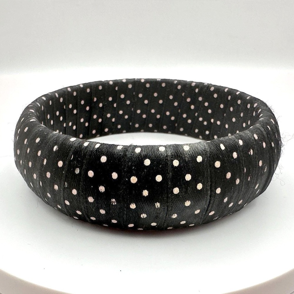 Vintage 90s Black White Polka Dot Ribbon Wrapped Bangle Bracelet Retro Jewelry